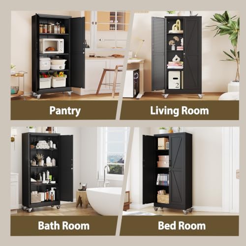 Metal Storage Cabinets with Wheels, Steel Tool Cabinets Lock Door and 3 Adjustable Shelves for Home Office, Garage, Kitchen (Black, 61" H) - Image 7