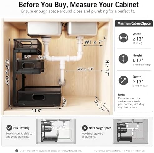 Under Sink Organizer, 3 Tier Pull Out Cabinet Organizer with 5 Adjustable Heights, Metal Under Sink Storage with Sliding Drawers for Kitchen, Bathroom, Pantry and Laundry Room, 2-Pack Black - Image 2