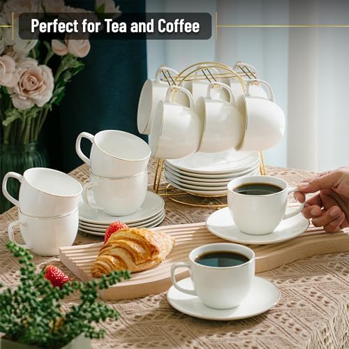 BTaT- Cappuccino Cups with Saucers 8 oz, Set of 12, White Porcelain Coffee Cup and Saucer Set for Latte with Golden Trim Design, Dishwasher Safe, Mocha, Tea, Au Lait, Flat White - Image 6