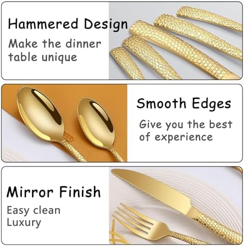 Hammered Gold Silverware Set With Gift Box For 8 Cutlery Set Utensils Stainless Steel Flatware 40 Pieces MIKIWAY Luxury Kitchen Tableware Set For Gifts Festive, Dishwasher Safe, Mirror Polishing - Image 5