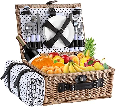 Picnic Basket for 4 with Waterproof Blanket,Black & White Spots by HYBDAMAI