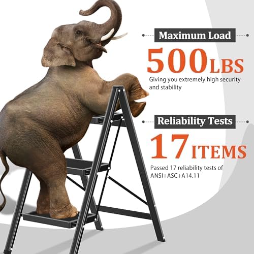 DIAMONDFORGE 3 Step Ladder, Folding Step Stool with Anti-Slip Wide Pedal, Soft Handle, Anti-Slip Feet, Sturdiest Steel Construction, 500lbs Capacity Steel Ladder for Home and Office, Black - Image 2