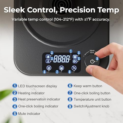 Gooseneck Electric Kettle, ±1°F Temperature Control Electric Kettle, 1.0L 1200W Fast Heating, 24H Keep Warm, 30Min Auto Memory, Food Grade Stainless Steel, Pour Over Kettle for Coffee and Tea - Image 2
