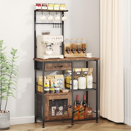SWTYMIKI Coffee Bar with Hanging Rack - Farmhouse Coffee Stand Station Multi-Purpose Buffet Sideboard Cabinet with Drawers - Kitchen Bar Table for Living Room, Corner, Small Space, Espresso by SwtyMiki-TidyHomeSweetLife