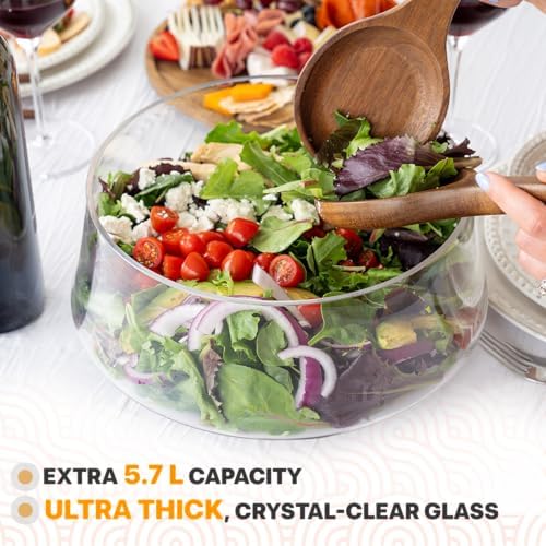 Large Glass Salad Bowl with Lid Set, 5.7 L Decorative Glass Mixing Bowl, Trifle and Serving Bowls with Lids as Cheese Charcuterie Board and Plate, Comes with Wood Serving Utensils - Image 3