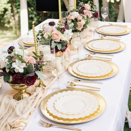 LIYH 24 Pcs Plastic Round Charger Plates 13'' Gold Charger Plates Chargers for Dinner Plate Great for Table Setting Wedding Party Decoration - Image 6