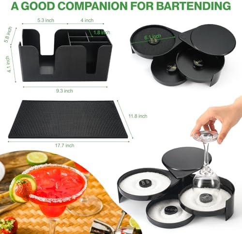 Bartending Supplies - 18" x 12" Bar Mat Garnish Tray with Lid Bar Caddy 3 Tier Bar Glass Rimmer, 2 Plastic Juice Pour Bottles 3 Mini Tongs 12 Classic Liquor Bottle Pourers 500 Cocktail Straws(Black) - Image 3