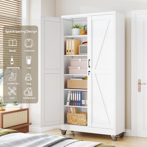 Metal Storage Cabinets with Wheels, Steel Tool Cabinets Lock Door and 5 Adjustable Shelves for Home Office, Garage, Kitchen (White, 73.6" H) - Image 5