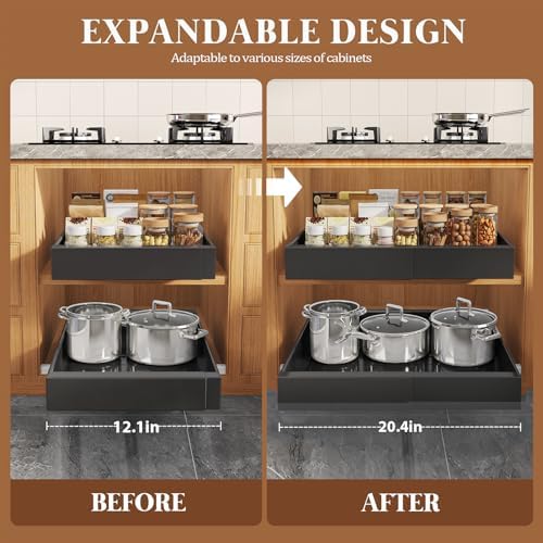Seinloes 6 Pack Expandable Pull Out Cabinet Organizer 21"Deep With Raising Pad for Framed Cabinets,Upgrade 3 Slide Rails Slide Out Drawers,No Drill Roll Out Shelves,Adjustable Width 12.1"-20.4" Black - Image 4