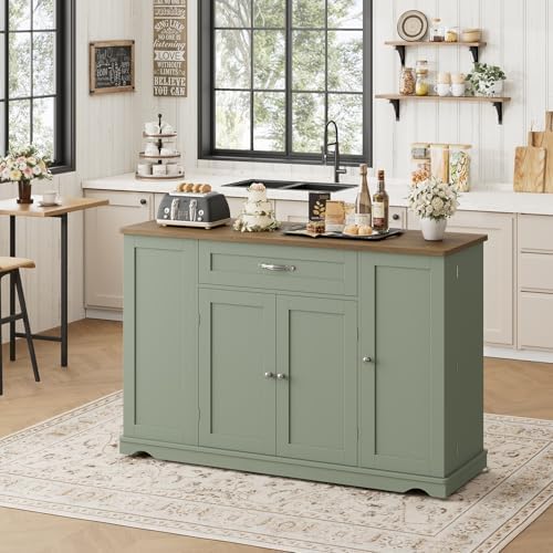 HOSTACK 47" W Kitchen Island Cart with Storage, Rolling Island Table, Green - Image 5