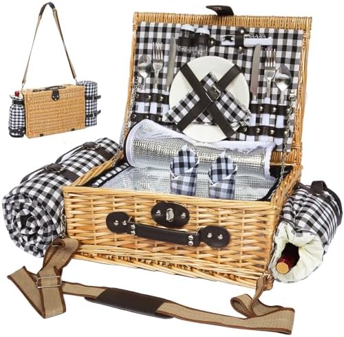 Picnic Basket for 2, Blanket & Insulated Wine Pouch, 16.6" Black by HYBDAMAI