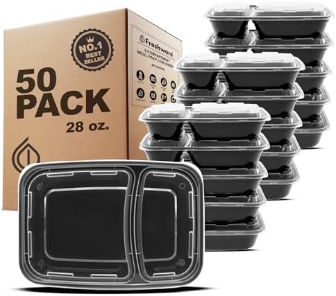 Freshware Meal Prep Containers with Lids 28 oz [50 Pack] 2-Compartment Food Storage Containers, Bento Box Lunch Containers, BPA Free, Airtight, Stackable, Reusable, Microwave/Dishwasher/Freezer Safe by Freshware
