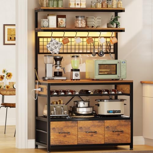 Itaar Bakers Rack with Storage and Power Outlet, 35.4 inch Coffee Bar Cabinet, Microwave Stand Kitchen Cabinet with Hutch, LED Lights, Wine Rack and Hooks, Rustic Brown by Itaar