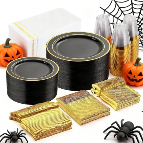 GATHER 350Pcs Black and Gold Plastic Plates for Wedding Party Halloween by Gather