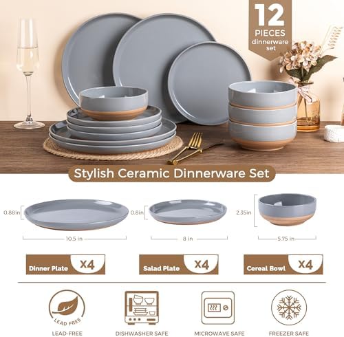 AmorArc Dinnerware Sets for 4, 12 Pieces Ceramic Plates and Bowls Set - Image 3