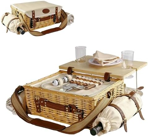 Multifunctional Wicker Picnic Basket Set for 2 Adults with Blankets & Table by OrgaNatureQueen