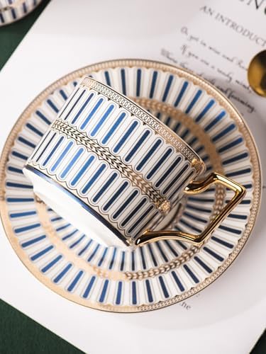 CwlwGO-Bone China Cups & Saucers Set of 2 (7 oz) with Gold Spoon and Gifts Box, White Tea Cups Sets,Cappuccino Cups,Ceramic British Coffee Cup Set. - Image 2