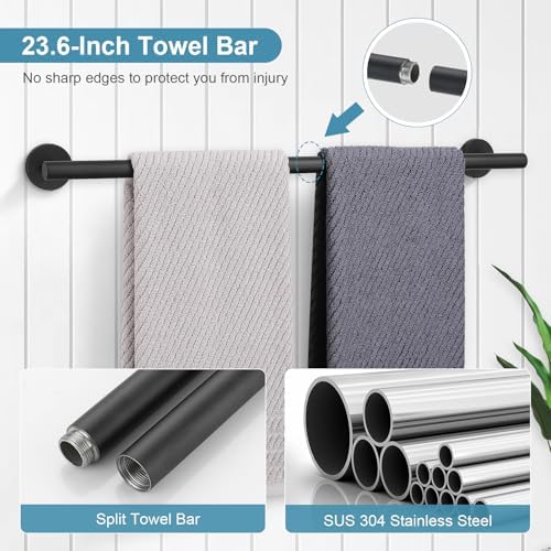 TQKAG Matte Black Bathroom Hardware Set, 6-Piece Towel Bar Set 23.6 Inch - Image 2