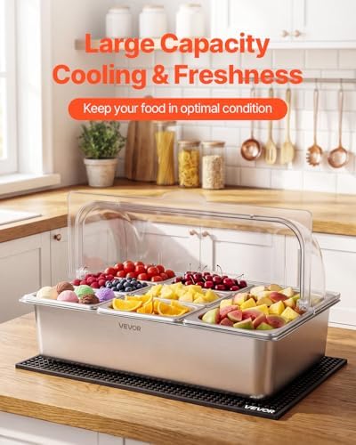 VEVOR Countertop Food Serving Display Container, Stainless Steel Food Salad Server Tray, Buffet Condiment Dispenser, Ice Cooled Rack with Clear Roll Top Cover, for Restaurant Hotel (1x1/3+6x1/9 Pan) - Image 4