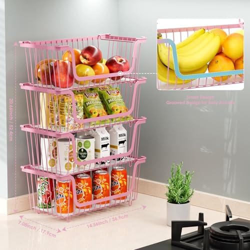 4 Pcs Stackable Wire Baskets for Pantry Organizers and Storage, Pink - Image 3