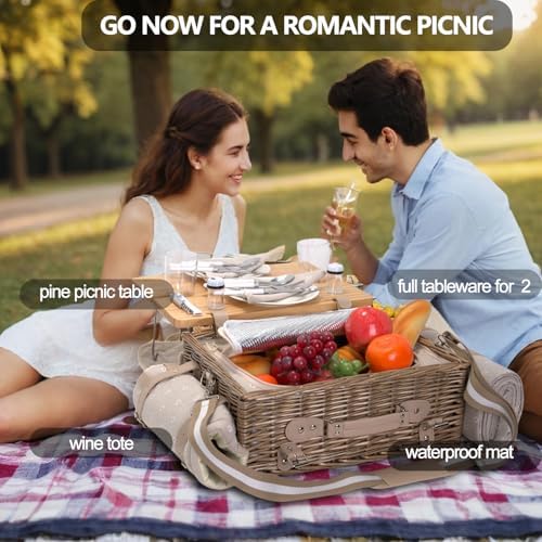 Multifunctional Wicker Picnic Basket Set for 2 with Blanket and Picnic Table, Insulated Picnic Set with Full Tablewares for Camping Outdoor Couples, Flowers - Image 5