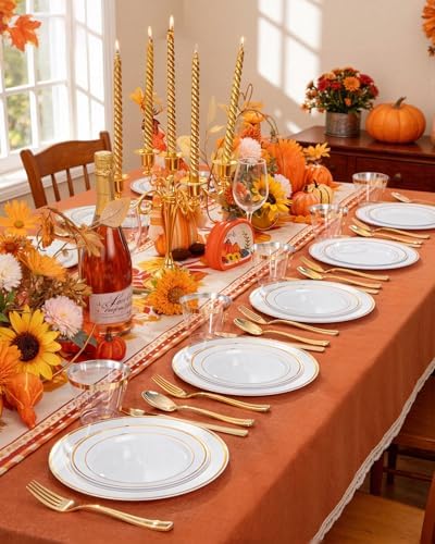 bUCLA 150PCS Gold Plastic Plates Disposable - Heavy Duty Gold Plates Include 25 Dinner & 25 Dessert Plates,25 Forks,25 Knives,25 Spoons&25 Cups for Party, Thanksgiving, Fall Harvest & Autumn - Image 4
