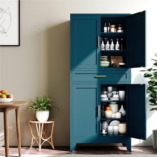 YAUWOH 71''Tall Kitchen Pantry Cabinet with Drawer,6-Tiers Metal Pantry Storage Cabinet with 4 Adjustable Shelves and 4 Barn Doors, Freestanding Farmhouse Food Cupboard for Dining Room (1PC,Blue) - Image 4