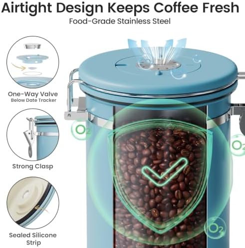 Veken Coffee Canister with Window, Airtight Stainless Steel Container,Date Tracker, Kitchen Food Storage Jars for Beans, Ground, Espresso, Rice,Tea, Sugar, Cereal, Gifts, Scoop, Blue, 22OZ (Pack of 2) - Image 5