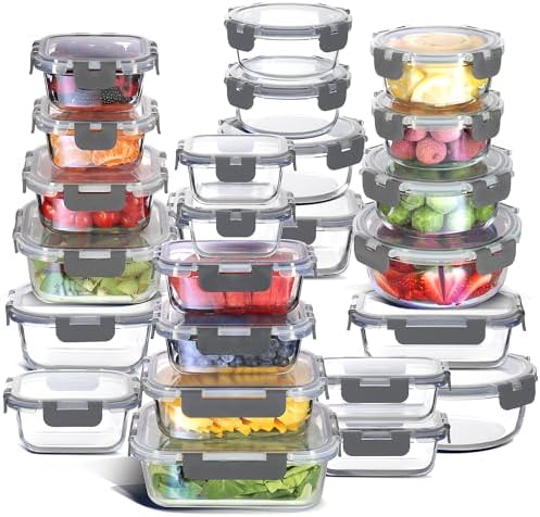 Nestl 48pc Glass Storage Containers with Lids, 24 Glass Food Storage Containers with 24 Airtight Lids for Pantry & Kitchen, Meal Prep Containers for Lunch, Oven Microwave & Dishwasher Safe, Gray by Nestl