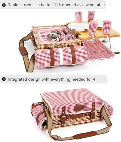 Multifunctional Wicker Picnic Basket Set for 4 with Blanket and Picnic Table, Insulated Picnic Set with Full Tablewares for Camping Outdoor Couples, Gingham - Image 3