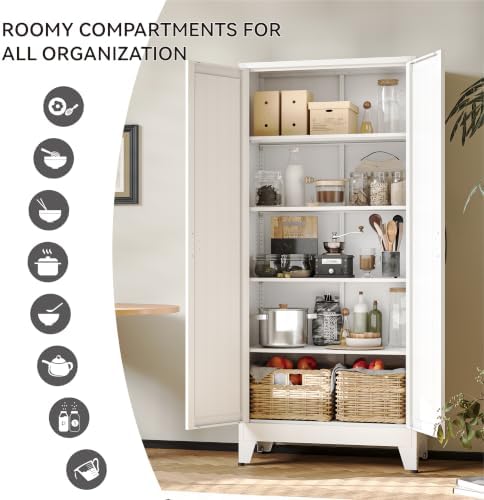 COFaR 71" White Pantry Cabinet with Vertical-Groove Doors and Shelves - Image 6