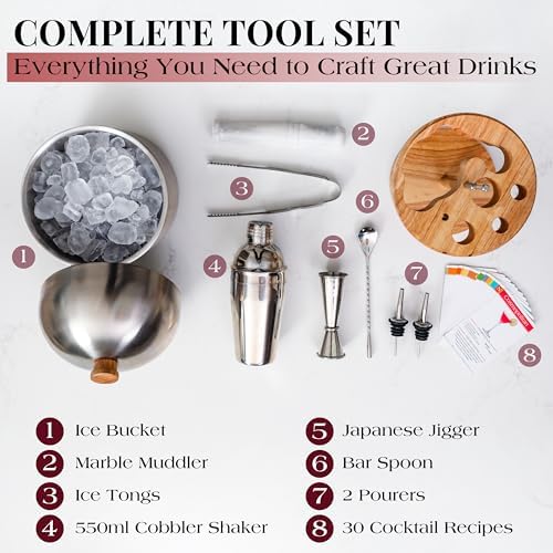 Gusto Nostro Cocktail Set Bartender Kit with Stainless Steel Ice Bucket - Complete Mixology Bar Tool Set with Wooden Organizer, Cocktail Shaker, Jigger, Muddler, Spoon, Tongs, Pourers, Recipe Cards - Image 4