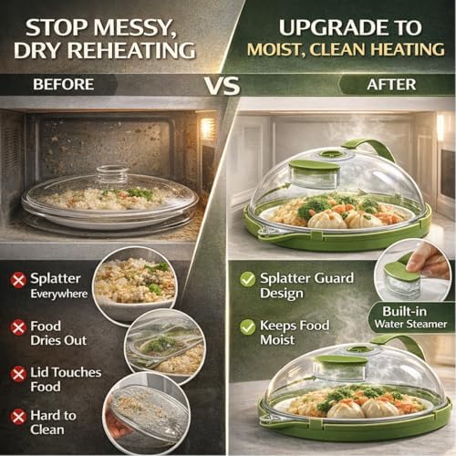 Microwave Splash-Proof Food Cover, Splatter Screen Guard with Water Steamer, Glass Bowl Overflow Drain Helmet Plate Covers, Magnetic Bacon Cooker, Collapsible Silicone Panel(12in) - Image 6