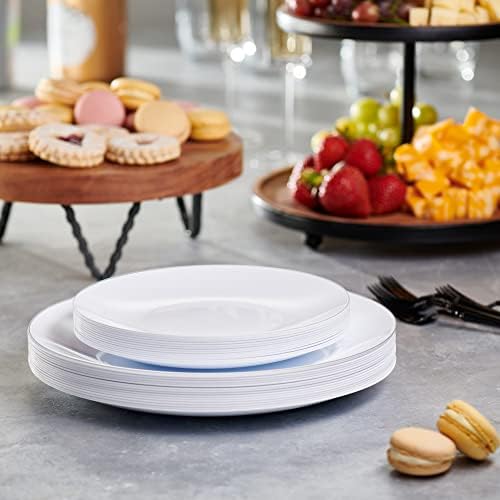 PLASTICPRO 64 Piece Combo Plates Set includes 32-7'' inch Plates & 32-10'' inch Plates White Plates with Silver Rim Plastic PartyPlates Premium heavyweight Elegant, Disposable, Tableware, Dishes, - Image 4
