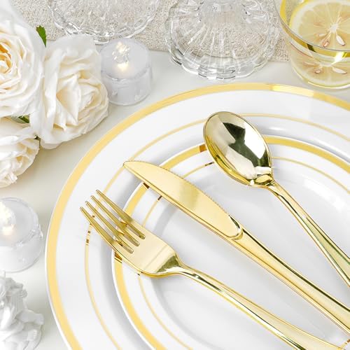 700 PCS Gold Plastic Dinnerware Set for 100 Guests, 200 DisposablePlates for Party, 100 Pre Rolled Napkins with Gold Silverware, 100 Cups - Image 4