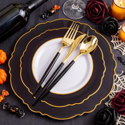 WDF 30Guest Black and Gold Plastic Plates - Gold Plastic Silverware With Black Handle Baroque Halloween Black and Gold Disposable Dinnerware for Wedding/Party/Birthday/Halloween - Image 2