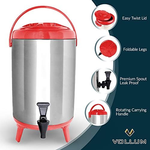 Vollum Stainless Steel Insulated Beverage Dispenser – Insulated Thermal Hot and Cold Coffee Carafe – 8 Liter Drink Dispenser with Spigot for Hot Water, Tea & Coffee, Cold Milk, Juice & More RED - Image 2
