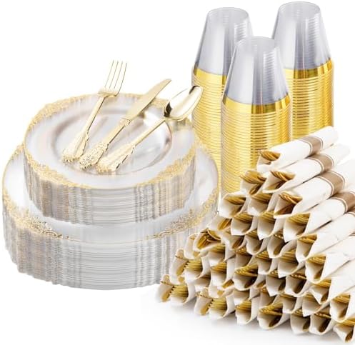 Bestluck 350PCS Clear Gold Rim Disposable Dinnerware for 50 Guests by Bestluck