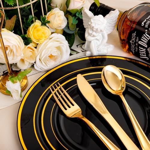 bUCLA 600PCS Black and Gold Disposable Dinnerware Set - Black Plastic Plates Disposable for Party Include 100 Dinner&100 Dessert Plates,100 Knives,100 Forks,100 Spoons,100 Cups for Party & Graduation - Image 6