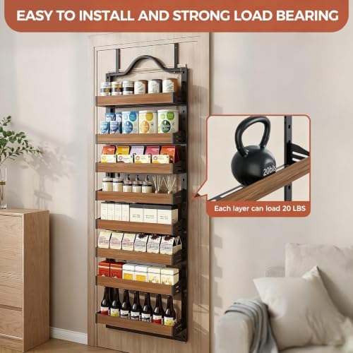 8-Tier Pantry Door Organizer, Over the Door Pantry Organizer with Wooden Adjustable Baskets, 2 IN 1 Spice Rack Wall Mount or Door Organizer, Door Spice Rack for Pantry（72.6×17.1×5.1in,Black) - Image 4