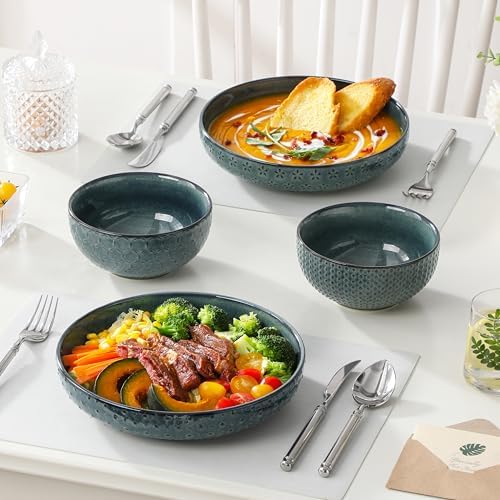 MALACASA 48 Oz Large Pasta Bowls, 9.5 Inch Ceramic Salad Bowls Serving Bowls, Wide and Shallow Plates Pasta Plates, Modern Relief Design, Microwave & Dishwasher Safe, Set of 4, Green, Series LYDIA - Image 6