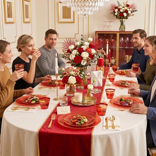 Rubtlamp 350 Pcs Plastic Dinnerware Set (50 Guests), Red And Gold Plastic Plates, Hammered Party Plates Set Include Dinner Plates, Dessert Plates, Cups, Cutlery Set And Napkins for Wedding And Party - Image 7