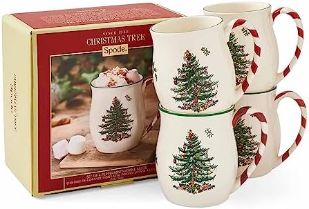 Spode Christmas Tree 14 oz Holiday Mugs (Set of 4) - Festive Coffee Cups with Peppermint Candy Cane Handle, Stoneware Christmas Drinkware Ideal for Hot Cocoa, Holiday Tea & Winter Beverages - Image 6