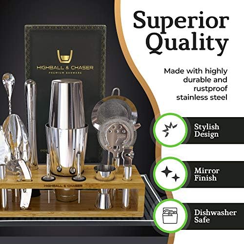 Highball & Chaser 13-Piece Boston Cocktail Shaker Set Stainless Steel Mixology Bartender Kit With Stand For Home Bar Cocktail Set | Laser Engraved Cocktail Tools | Plus E-Book with 30 Cocktail Recipes - Image 4