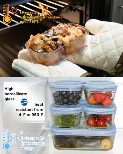 7-Pack Glass Food Storage Containers with Tempered Lids – Borosilicate, Airtight, Oven-Safe (-4°F~950°F), BPA-Free, 1Cup*4 & 2.3Cup*2 & 5.7Cup*1(Light blue) - Image 4