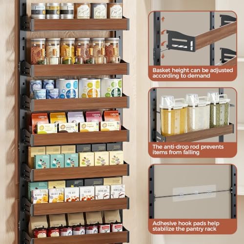 8-Tier Pantry Door Organizer, Over the Door Pantry Organizer with Wooden Adjustable Baskets, 2 IN 1 Spice Rack Wall Mount or Door Organizer, Door Spice Rack for Pantry（72.6×17.1×5.1in,Black) - Image 6