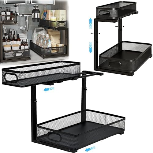 2 Pack Under Sink Organizer, Dual-Layer Pull Out Mesh Cabinet Rack with 5-Level Height Adjustment, Rust-Resistant Sliding Storage for Bathroom & Kitchen, Multi-Purpose 2-Tier Shelf(Black) by Unknown