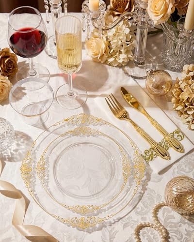 Morejoy 350PCS Clear and Gold Plastic Plates,Clear Plastic Dinnerware Set - Image 2