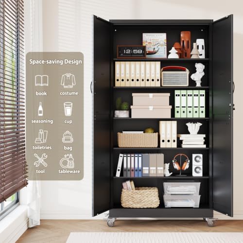Metal Storage Cabinets with Wheels, Steel Tool Cabinets Lock Door and 5 Adjustable Shelves for Home Office, Garage, Kitchen (Black, 78.7" H) - Image 5