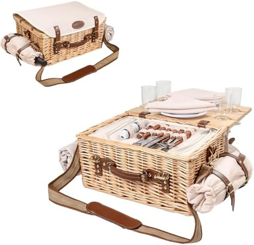 Multifunctional Wicker Picnic Basket Set for 4 Adults with Blankets & Table by OrgaNatureQueen